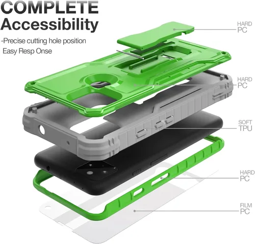 Vista 4 de FITO Funda para Google Pixel 5A, funda resistente a prueba de golpes de doble capa con protector de pantalla, soporte integrado (verde)