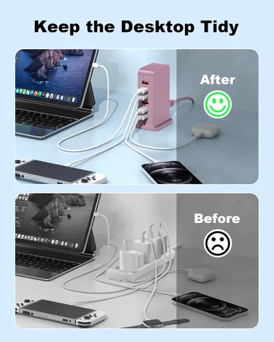 Vista 4 de Estación de carga USB C, concentrador de carga USB, torre de carga USB de 6 puertos para iPhone 15/14/13/12, iPad, Samsung Galaxy, Google Pixel, HTC