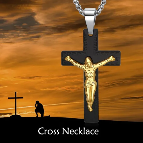 Vista 4 de Collar de cruz para hombre, colgante de crucifijo de acero inoxidable, cruz negra, crucifijo religioso, regalo para novio y marido, Acero