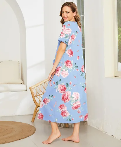Vista 3 de Ekouaer Batas para Mujer con Cremallera Frontal Manga Corta Longitud Completa Bata de Casa con Bolsillos Ropa de Descanso S-4XL