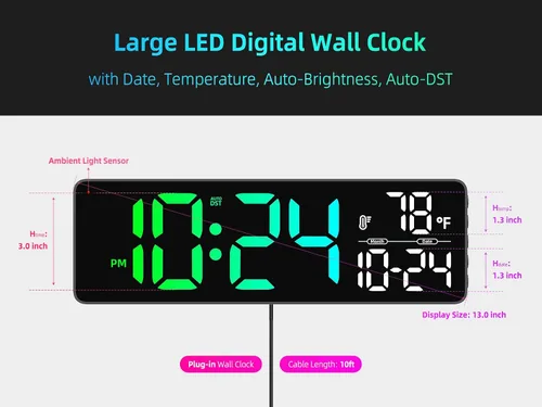Vista 3 de Reloj de pared digital LED grande con fecha, temperatura, brillo automático, DST automático Gran reloj digital para dormitorio, escritorio, aula