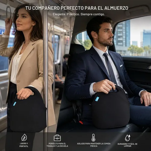 Vista 5 de Bolsa de almuerzo impermeable Ofeily para viandas con material de neopreno fino, bolsa de mamá, Negro
