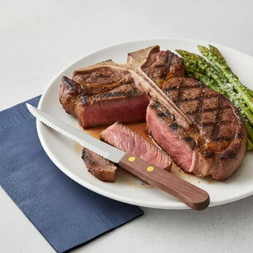 Vista 2 de TrueCraftware - Juego de 12 cuchillos de carne de punta puntiaguda de acero inoxidable de 4-1/2 pulgadas con mango de madera - Cuchillos para carne