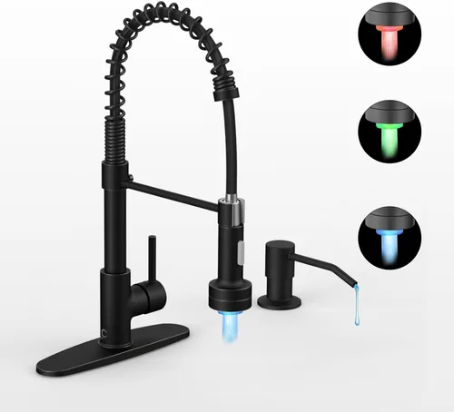 Vista 17 de Llave de cocina negra con luz LED, llave de cocina con dispensador de jabón, llave para fregadero de cocina, llave de cocina de acero inoxidable