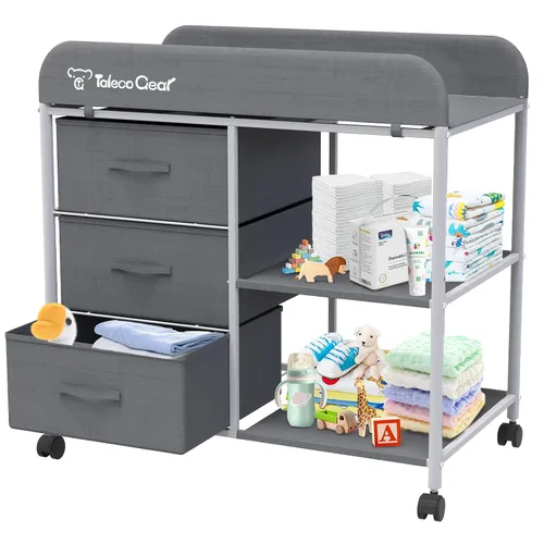 Vista 8 de Mesa cambiadora para bebé, mesa cambiadora portátil, estación de cambio de pañales con almohadilla impermeable, cómoda cambiadora con 3 cestas