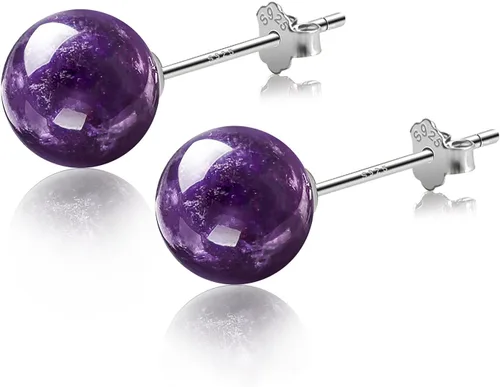 Vista 129 de Natural Stone Stud Earrings for Women 8mm Sterling Silver Genuine Gemstone Earrings Handmade Sterling Silver Crystal Stud Earrings for Women