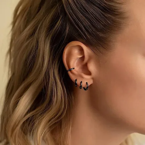 Vista 2 de Aretes de aro de acero inoxidable quirúrgico 316L, aretes de aro para hombre, color dorado, plateado y negro, hipoalergénicos, de 0.236 pulgadas