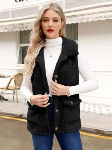 Vista 7 de Spadehill Chaleco de forro polar para mujer, chaleco de solapa cálido para otoño e invierno