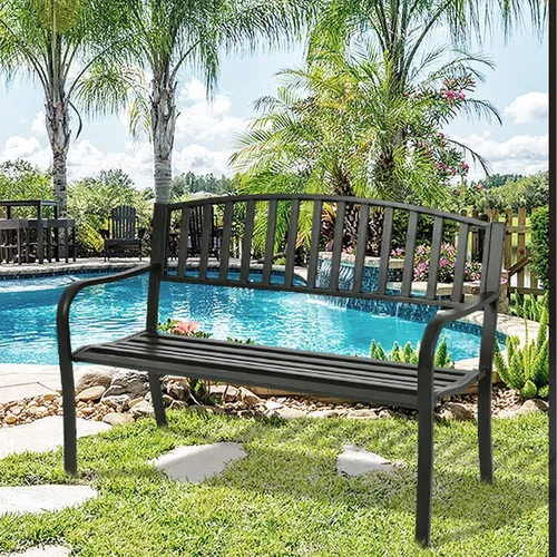 Vista 2 de Tangkula Banco de jardín de acero para exteriores de 50 pulgadas, banco de jardín con respaldo alto y reposabrazos inoxidables, banco ideal