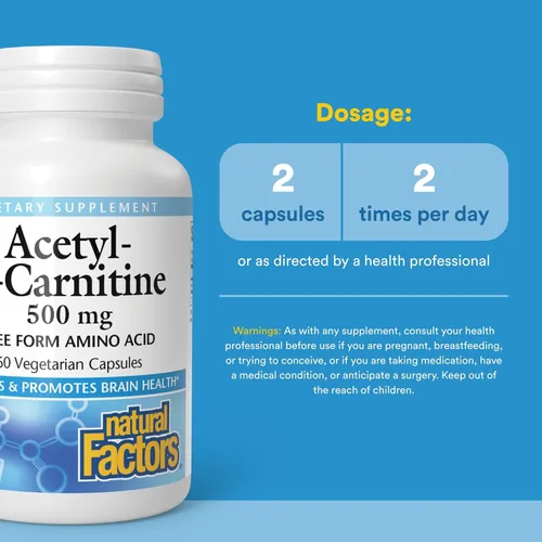 Vista 3 de Natural Factors Acetil L-Carnitina 500 miligramos, 60 Cápsulas Vegetarianas