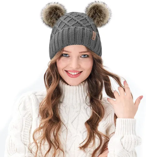 Vista 2 de Arctic Paw Womens Winter Hat Cable Knit Beanie for Women Faux Fur Pompom Ears