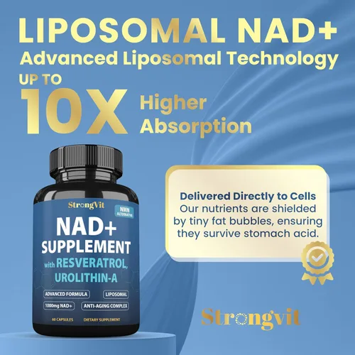 Vista 3 de StrongVit Suplemento NAD con Resveratrol y Urolithin-A, Complejo Anti-Edad para Mujeres y Hombres. NAD Liposomal Plus, 1000mg de Potenciador NAD+