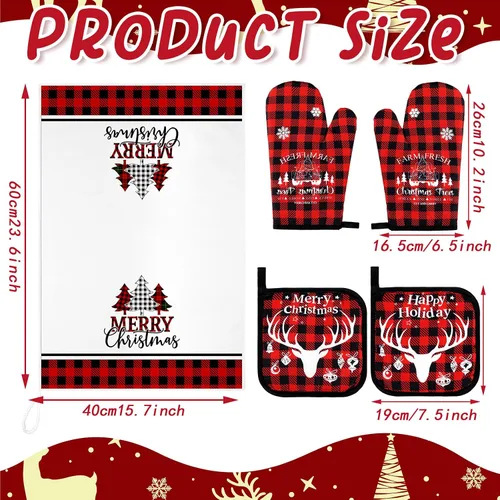 Vista 3 de Bencailor Juego de Cocina Navideño de 6 Piezas Toallas de Cocina con Árbol de Navidad Guantes de Horno y Agarraderas Juego de Paños de Cocina