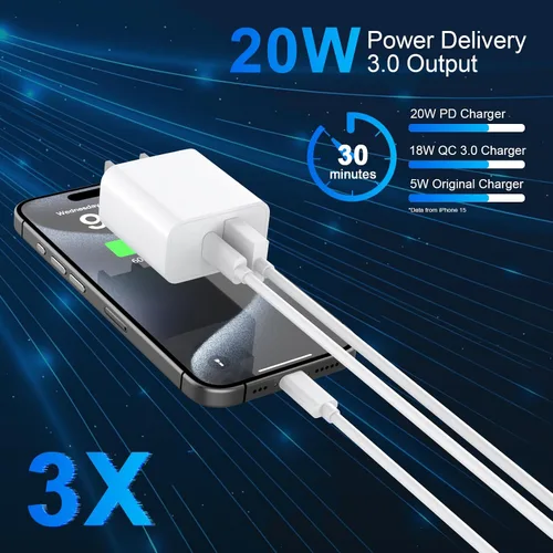 Vista 2 de Matsusho Cargador para iPhone 15 de carga rápida, 2 unidades de 20 W de doble puerto PD+QC3.0 bloque de cargador de pared con cable de carga USB C a