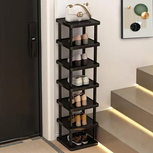 Vista 14 de Zapatero vertical – Organizador de zapatos alto y estrecho para espacios pequeños, estante de bambú de 5 niveles para entrada, armario, esquina