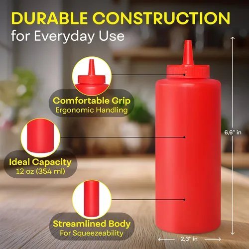 Vista 3 de BRIGHTFROM Botellas exprimibles para condimentos, rojo/amarillo botella vacía de 12 onzas con cuello ancho, ideal para salsa de tomate, mostaza