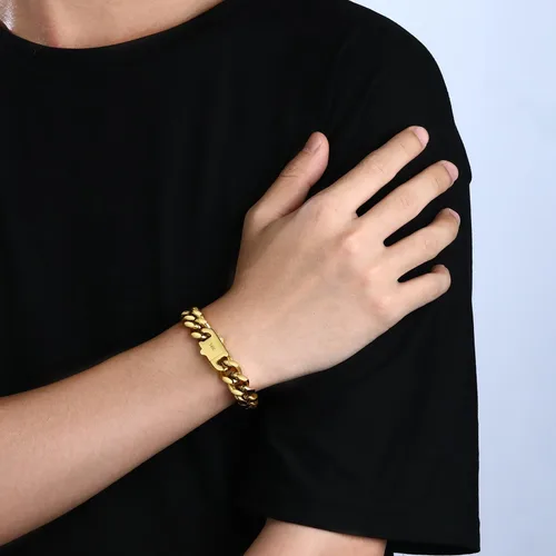 Vista 3 de Pulsera de cadena cubana Miami de 0.394 in y 0.472 in para hombres y mujeres, chapado en platino de 14 quilates, joyería de hip hop de acero