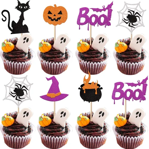 Vista 25 de Paquete de 24 adornos para cupcakes de Halloween con purpurina rosa, fantasma, pequeño abucheo, murciélago, bruja, gato, calabaza, magdalena