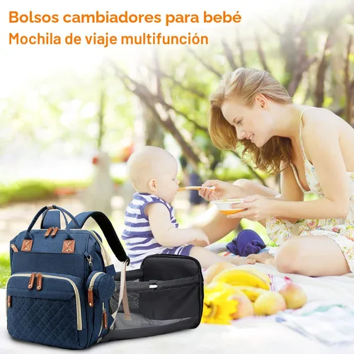 Vista 8 de Bolsa de pañales con cambiador, mochila de pañales 3 en 1 para bebé, Azul