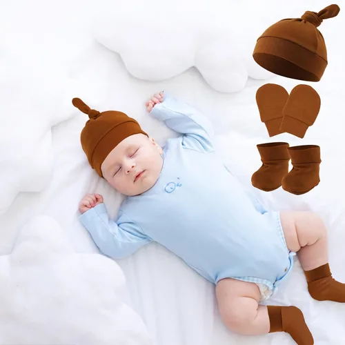 Vista 7 de 5 juegos de sombreros y mitones de bebé, gorros prematuros, guantes de calcetines para recién nacidos, guantes para recién nacidos, gorros de bebé