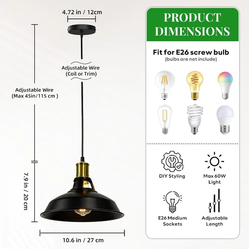 Vista 2 de Lámpara colgante, lámpara colgante industrial de granja con pantalla de metal, iluminación colgante de techo negro y dorado para isla de cocina