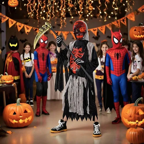 Vista 4 de FathiSooc Conjunto de disfraz de parca de Halloween, máscara de calavera LED, capa andrajosa, guantes de esqueleto, guadaña de calavera