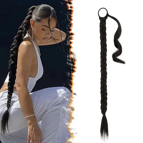 Vista 29 de Barsdar Extensión de 26 Pulgadas de Cola de Caballo Trenzada Larga con Banda Elástica - Extensiones de Cabello en Cola de Caballo Recta y Elegante