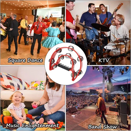 Vista 7 de Paquete de 4 panderetas de media luna para adultos, instrumentos musicales de percusión, pandereta de ritmo musical de doble fila para fiesta de KTV
