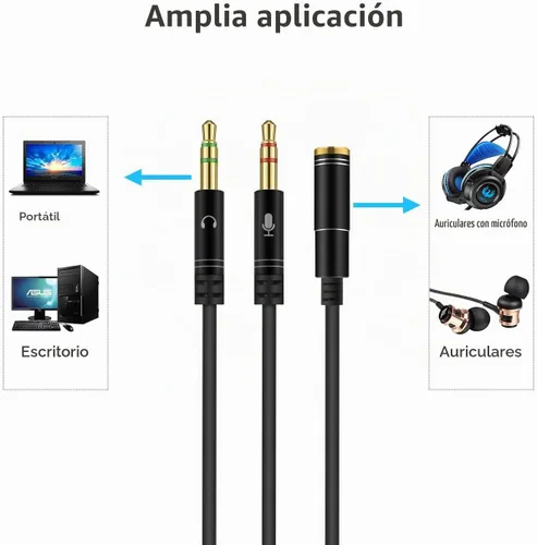 Vista 2 de Divisor de auriculares para computadora de 0.138 in hembra a 2 auriculares dobles de 0.138 in macho micrófono de audio y cable divisor en Y Negro