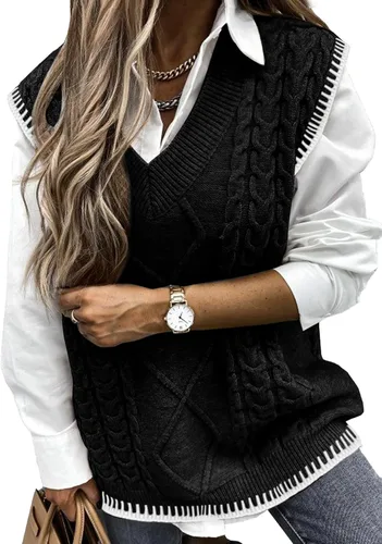 Vista 37 de EVALESS Chaleco Suéter de Gran Tamaño para Mujeres Cuello en V Sin Mangas Color Sólido Suéter Pullover Suelto 1 caqui.