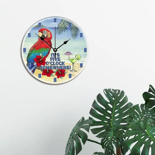 Vista 3 de It's 5 O'Clock Somewhere - Reloj de pared de 10 pulgadas, reloj de pared de loro de playa Martini, funciona con pilas, sin tictac, reloj de madera