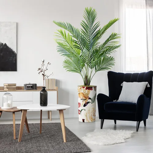Vista 18 de Árbol artificial con diseño de hojas blancas y negras, palmera tropical areca artificial de seda para decoración del hogar en interiores y Diseño