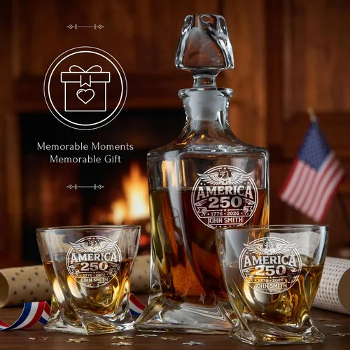 Vista 8 de Juego de decantador de whisky trenzado personalizado para el 250 aniversario, regalo de independencia de Estados Unidos 250 para hombres, nombre