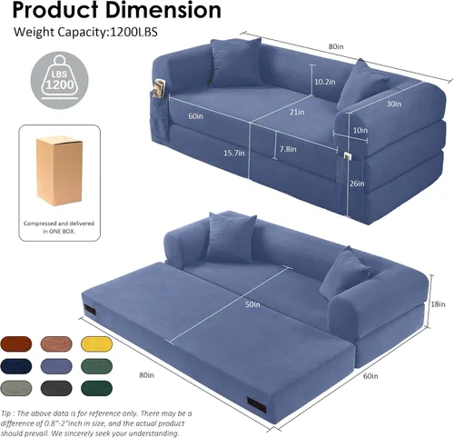 Vista 2 de Sofá cama convertible de 80 pulgadas, sofá cama plegable de pana 3 en 1 con almohadas, sofá moderno sin hueso, sofá de compresión en caja, sofá