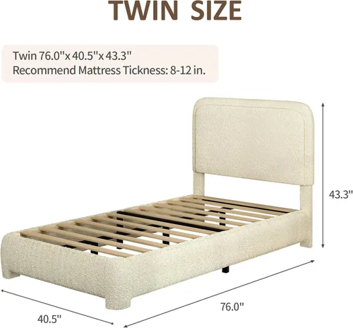 Vista 2 de Base de cama individual, cabecera Cloud Boucle, esquinas redondeadas, color beige