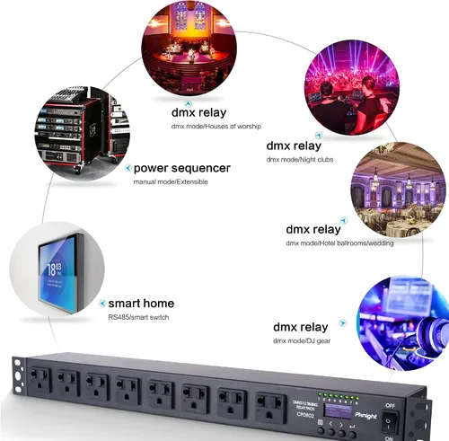 Vista 6 de Pknight Relé PDU DMX inteligente de 8 tomas - Secuenciador de potencia programable con control DMX512, control remoto RS485, unidad de distribución