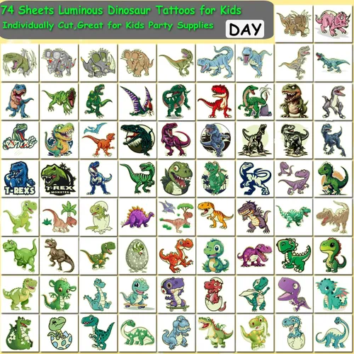Vista 3 de CHARLENT Tatuajes temporales de dinosaurios que brillan en la oscuridad para niños, 74 hojas individuales, tatuajes luminosos de dinosaurio
