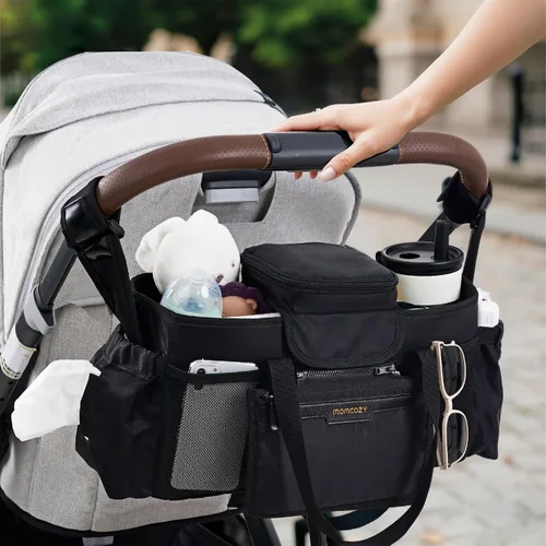 Vista 2 de Momcozy Organizador de Cochecito Extra Grande Max con Bolsa de Chupete de Grado Alimentario 2 Portavasos Aislados Correas Antideslizantes