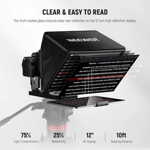 Vista 4 de NEEWER Basics X12B de aleación de aluminio teleprompter elevable de 12" para iPad Tablet DSLR Cámara, sin ensamblaje, control remoto y aplicación