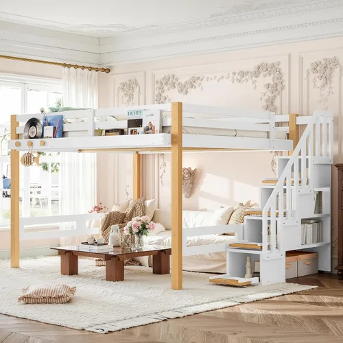 Vista 10 de Queen Loft Bed with Shelves and Clothes Hook, Space-Saving Wood Loft Bed Frame with Staircase and Ample Under-Bed Space, Beige & Natural