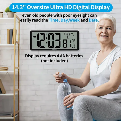 Vista 8 de Geevon Reloj de pared atómico de 14.3 pulgadas, funciona con pilas, reloj de pared digital atómico grande con temperatura y humedad interiores