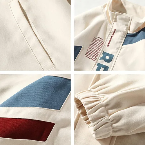 Vista 4 de Aelfric Eden Chaquetas de motocicleta para hombre, chaqueta universitaria, chaqueta vintage con estampado de letras, chaqueta de retazos beige