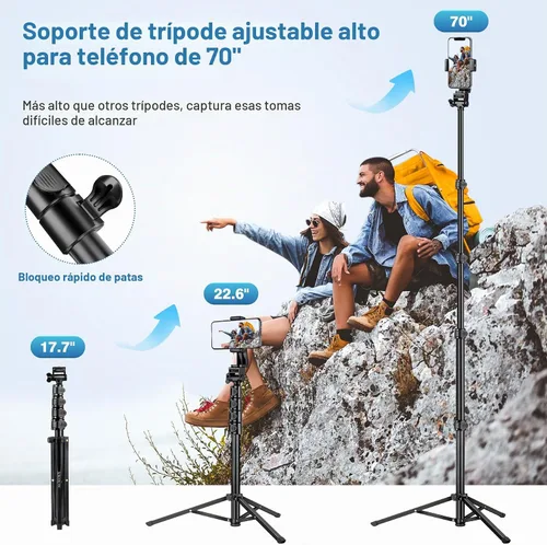 Vista 2 de Trípode de teléfono de 70 pulgadas con control remoto y soporte, soporte portátil para teléfono celular, palo selfie para grabación de video