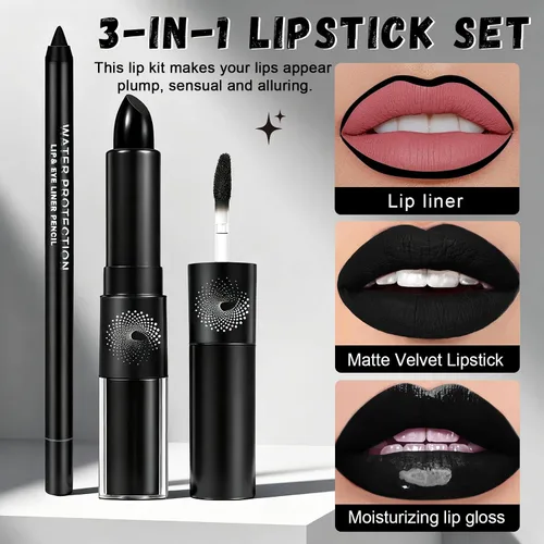 Vista 2 de CAHIUYOA Juego de delineadores de labios negros mate, lápiz labial líquido de doble cabeza, brillo de labios de larga duración, a prueba de manchas