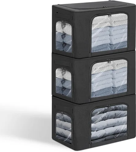 Vista 7 de GuliPostan Paquete de 3 contenedores apilables de almacenamiento de ropa de 40L con asas de marco de metal y cremallera, caja organizadora plegable