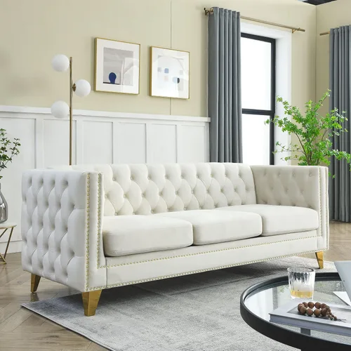 Vista 4 de Sofá moderno de terciopelo de 3 plazas, beige de 80 pulgadas con botones copetudos, con brazos cuadrados, para sala de estar, tapizado con botones