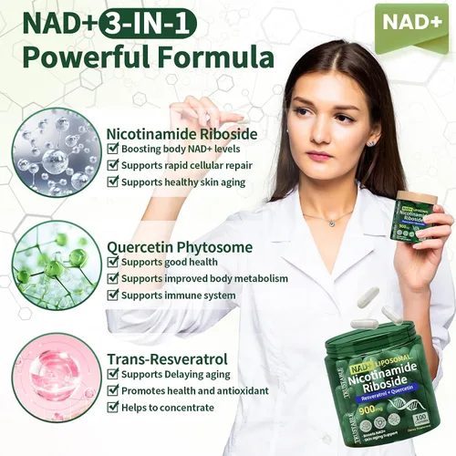 Vista 3 de Suplementos NAD para mujeres y hombres, ribósido liposomal de nicotinamida 900 mg, suplemento de resveratrol NAD, quercetina, suplemento NAD+