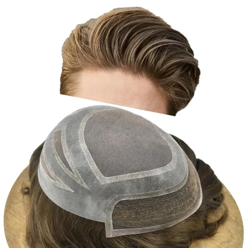 Vista 8 de Sistema de reemplazo de cabello humano para hombre, sistema de cabello fino mono para hombre, pelo de tupé recubierto de poliuretano para hombres