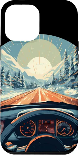 Vista 5 de iPhone 14 divertido operador de coche con puesta de sol y volante en caso de invierno