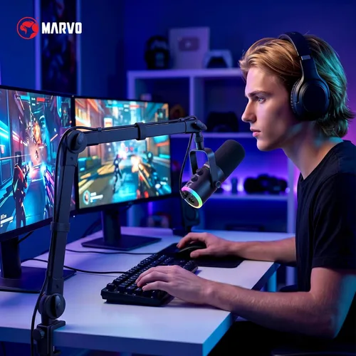 Vista 8 de MARVO Juego de micrófonos para juegos, micrófono condensador de PC para transmisión de podcasting con soporte de brazo Boom, botón de silencio